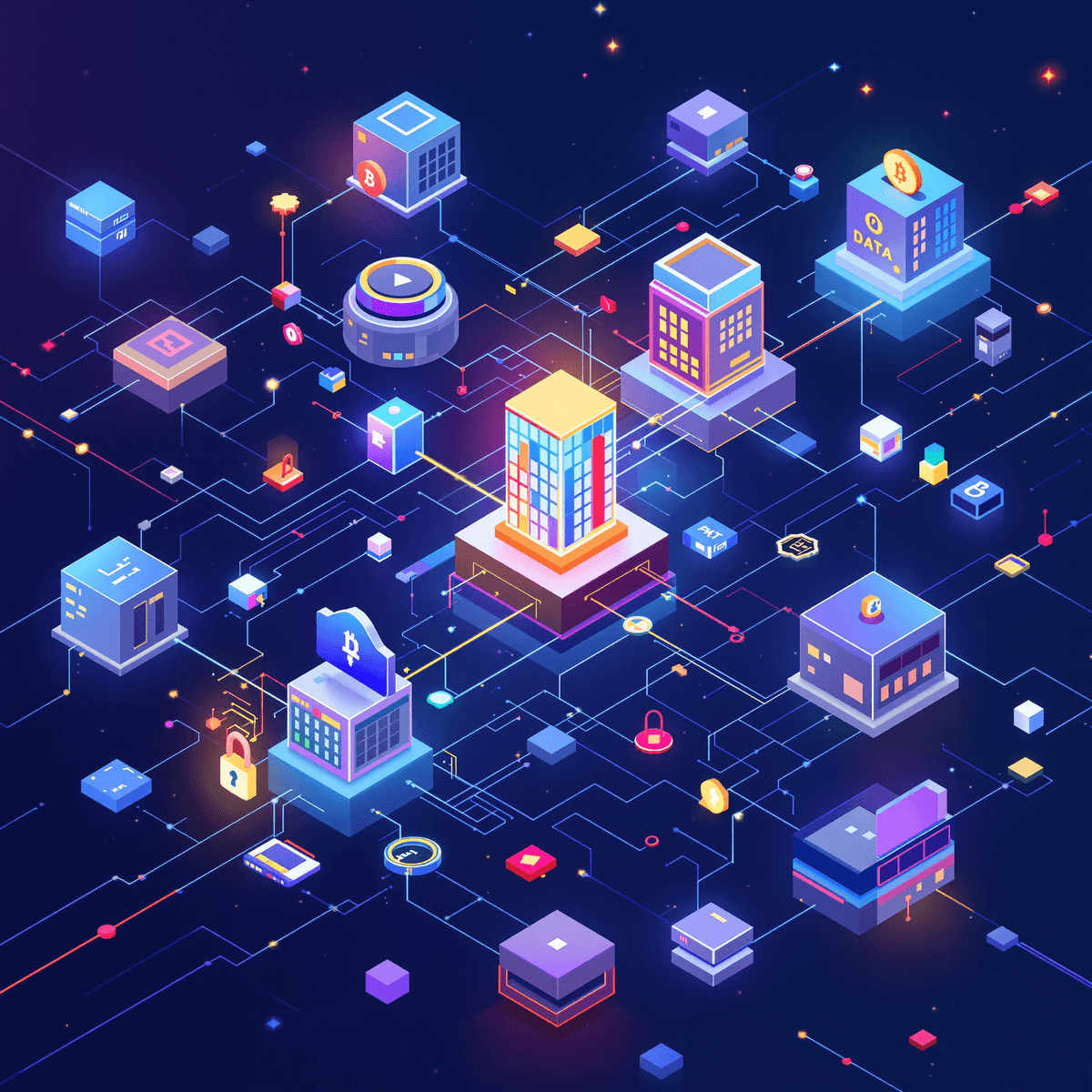 Sebuah ilustrasi digital yang vibrant dari jaringan blockchain, menampilkan blok-blok yang saling terhubung yang melambangkan transaksi data yang aman dan efisien dalam desain yang modern.