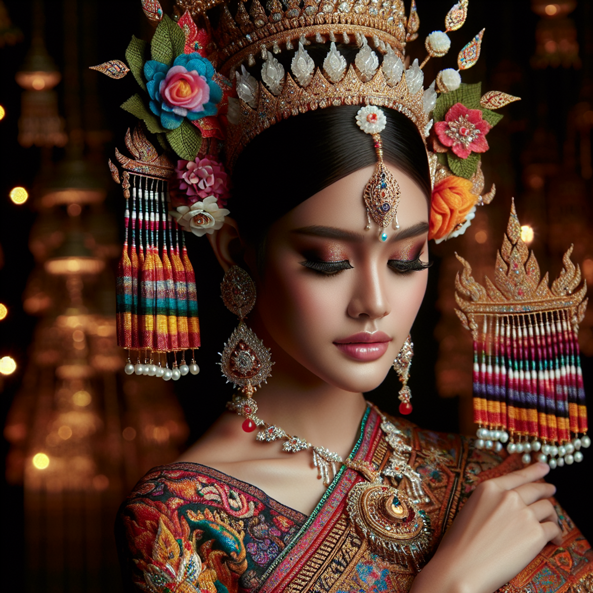 A Thai woman wearing traditional Thai attire, featuring intricate designs and vibrant colors.