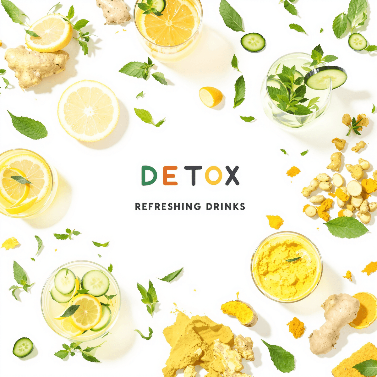 A colorful array of detox drinks in clear glasses, filled with lemon slices, cucumber, mint leaves, ginger, and turmeric, set against a bright, inviting background.