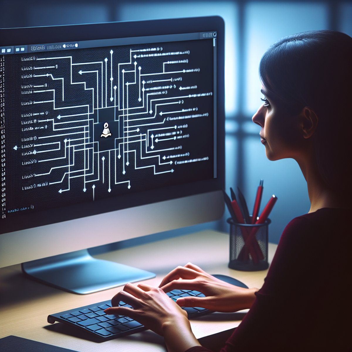 Linux File Create File Essential 1 linux A Hispanic female sits at a desk with a Linux terminal open on the computer screen. She is typing on the keyboard and looking intently at the screen in a professional tech environment. The screen shows symbolic representations of file creation and modification in abstract symbols.