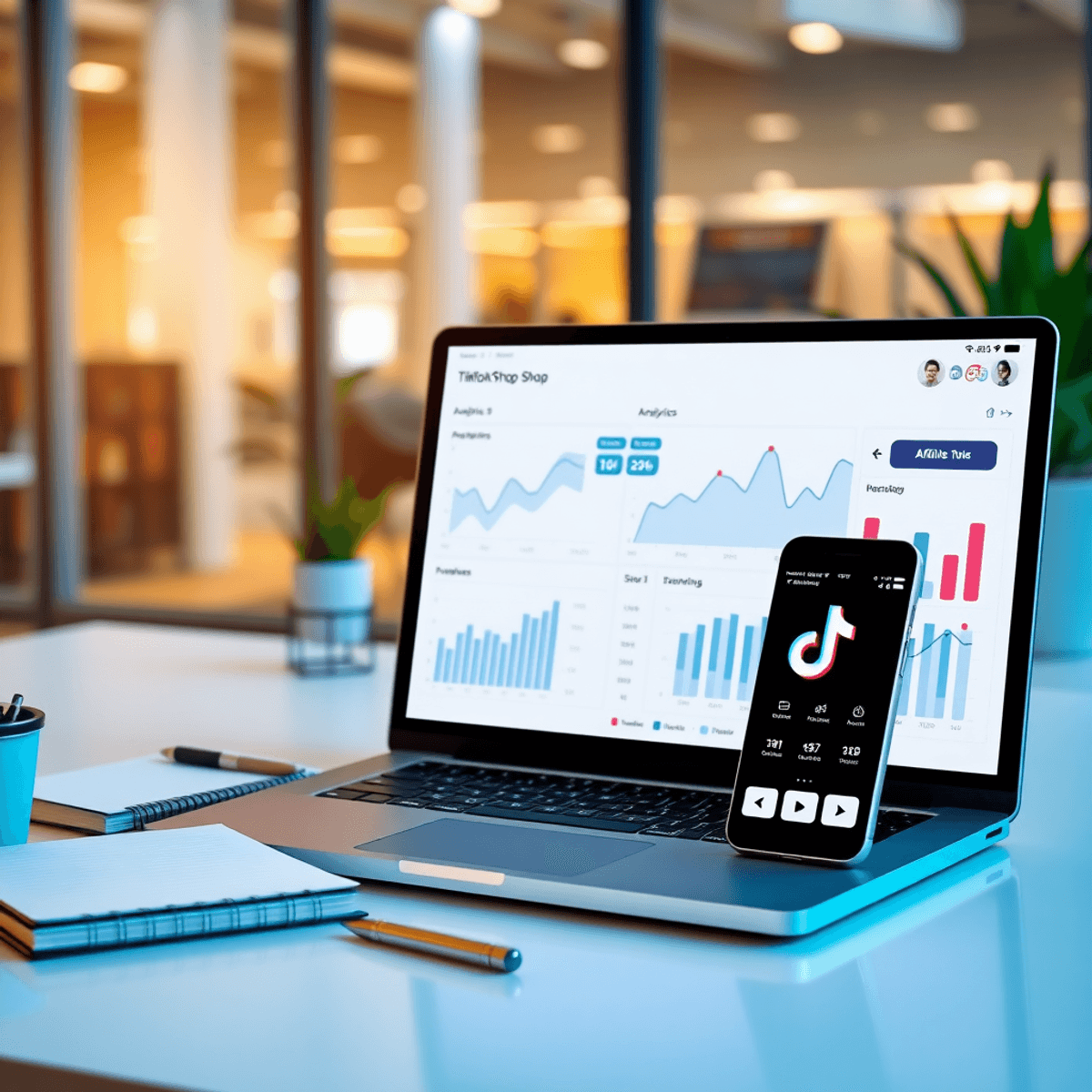 A modern digital workspace with a laptop showing TikTok Shop analytics, graphs, a notepad, pen, and a smartphone displaying TikTok, embodying productivity and innovation.