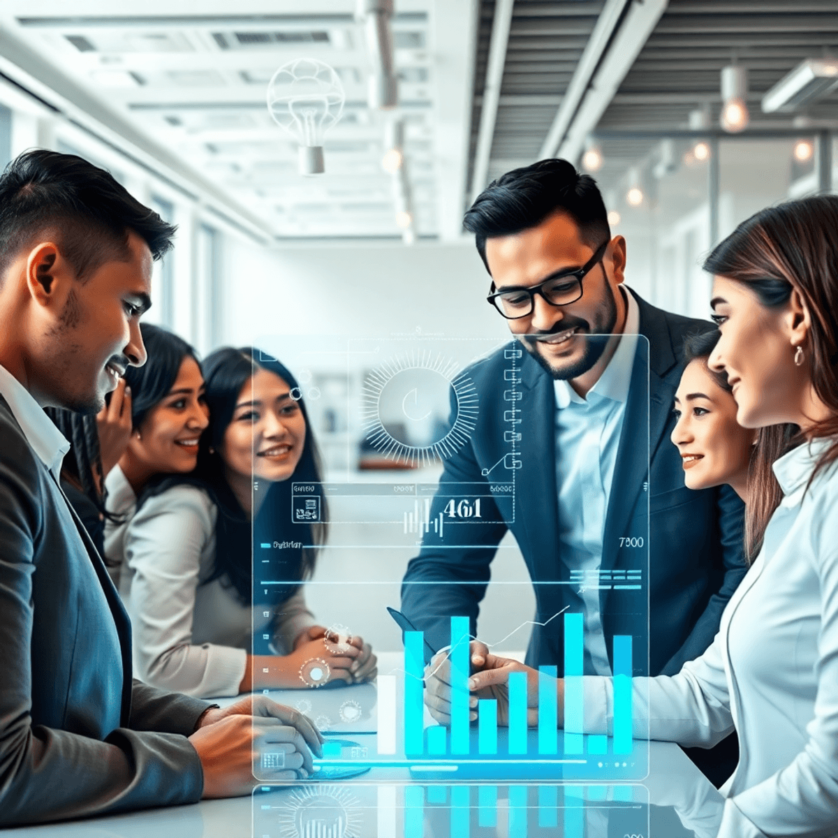 Professionals collaborate around a transparent digital interface with abstract data in a bright, modern office, symbolizing AI-assisted hiring and innovation.