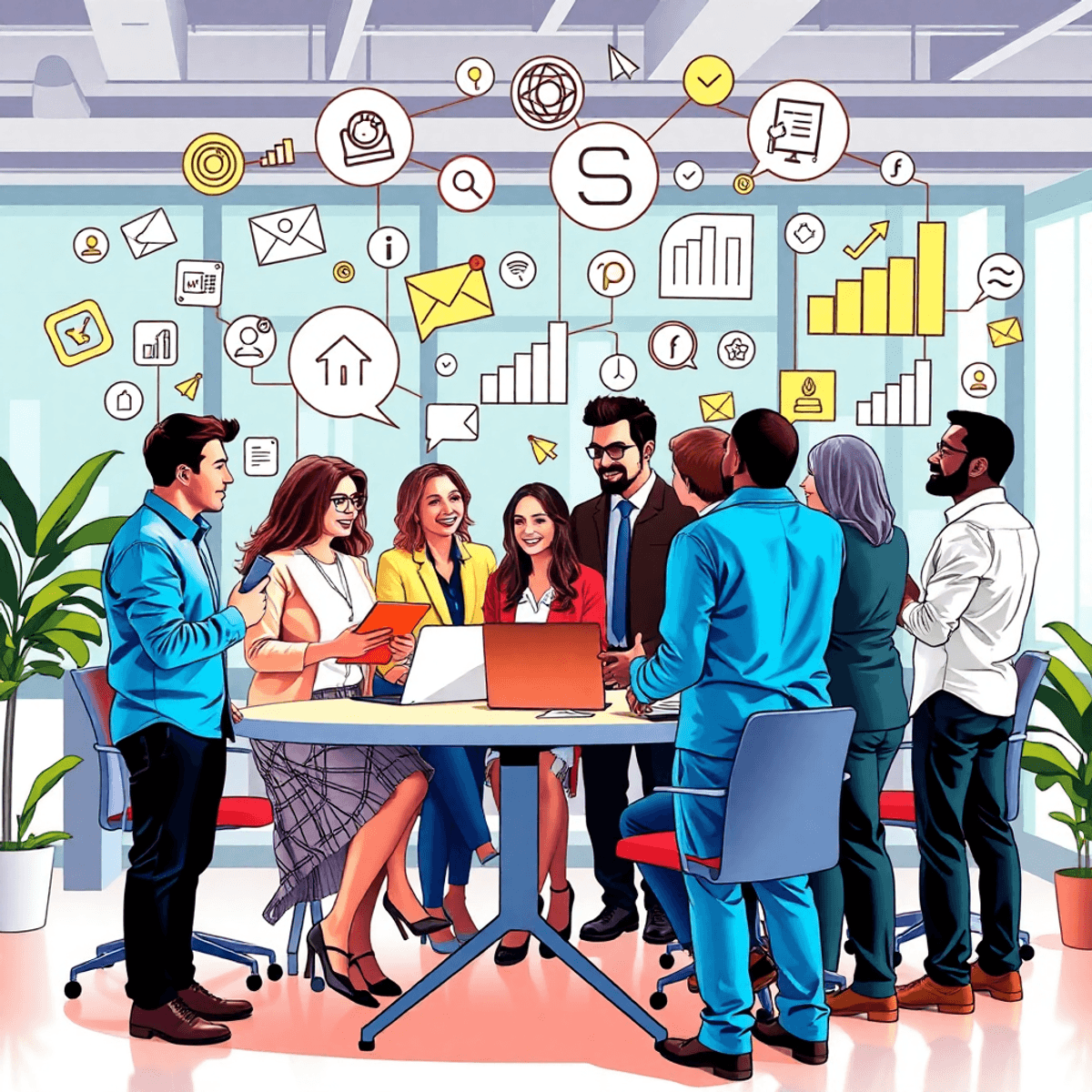 A diverse group of professionals collaborates in a modern office, surrounded by digital marketing symbols like social media icons and SEO graphs, showcasing teamwork and innovation.