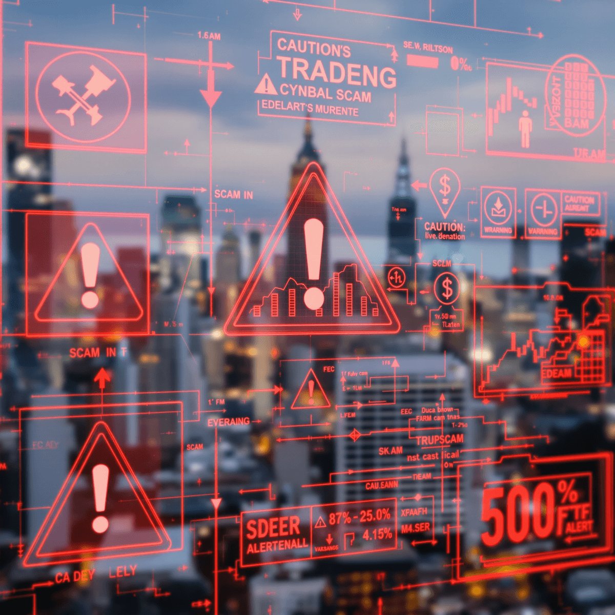 Digital stock trading interface with red warning icons and alerts, highlighting financial risks and scams, over a blurred city skyline background.