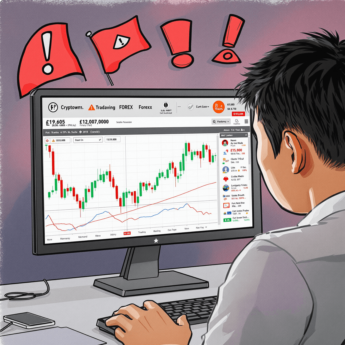 A concerned investor analyzes a computer screen with cryptocurrency and forex charts, surrounded by warning symbols like exclamation marks and red flags.