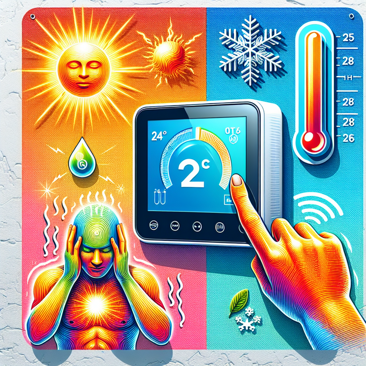 An illustration of a smart thermostat on a wall with interactive temperature settings. The image includes a bright sun, a snowflake, and a human figure sweating or shivering to represent external factors affecting the indoor temperature.