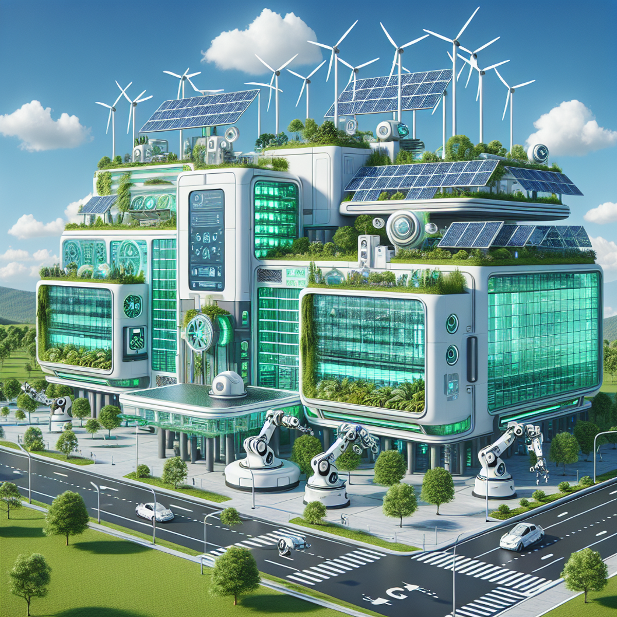 A futuristic green building with solar panels, wind turbines, and robotic maintenance units.