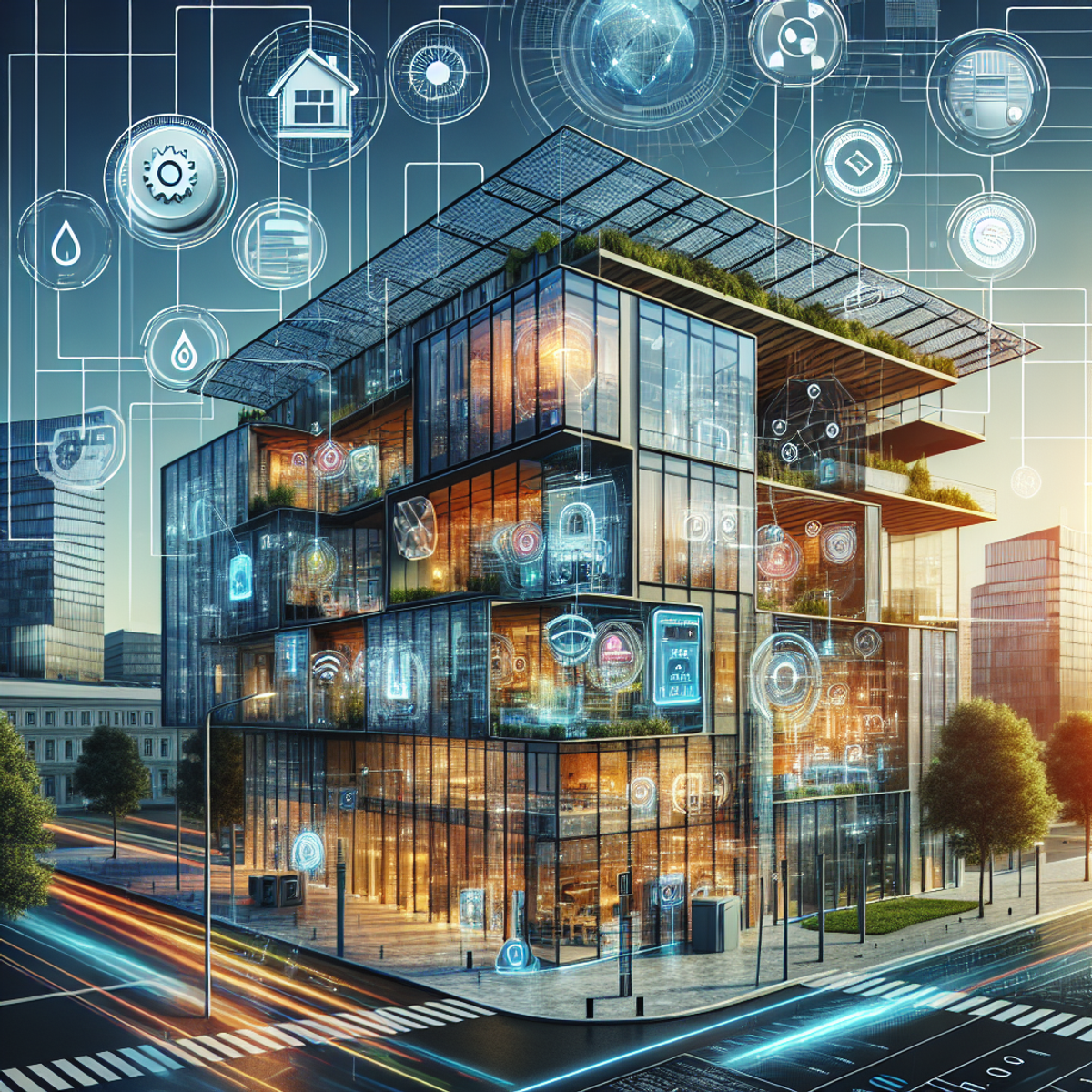 A modern architectural structure with solar panels, wind turbines, and advanced energy management technology.