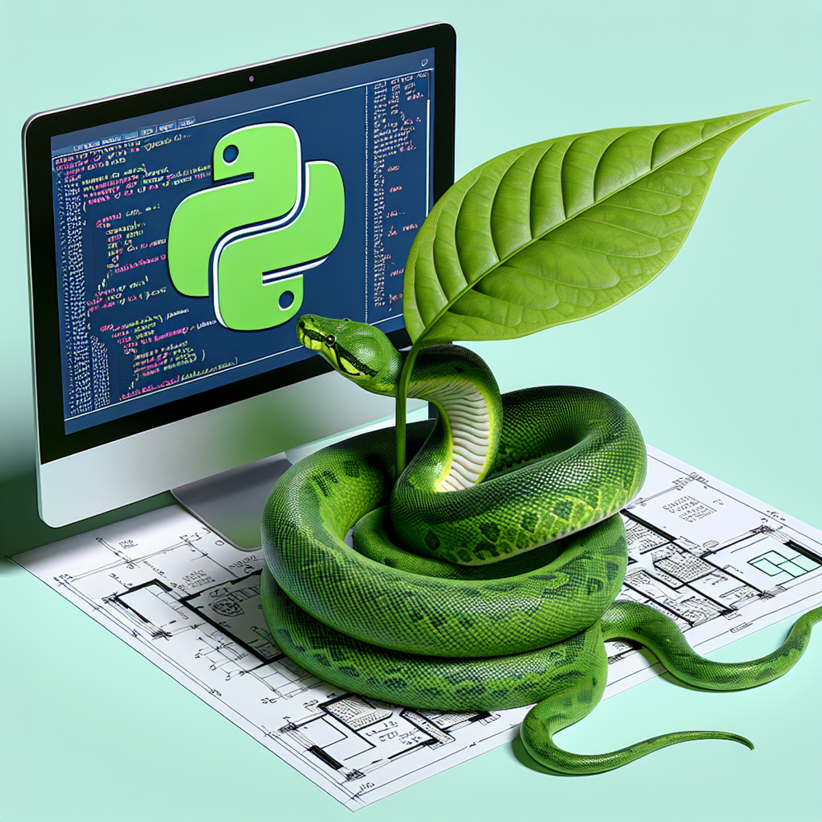 A big, vibrant green leaf sprouting from a Python, the snake, coiled around the blueprint of a green building.