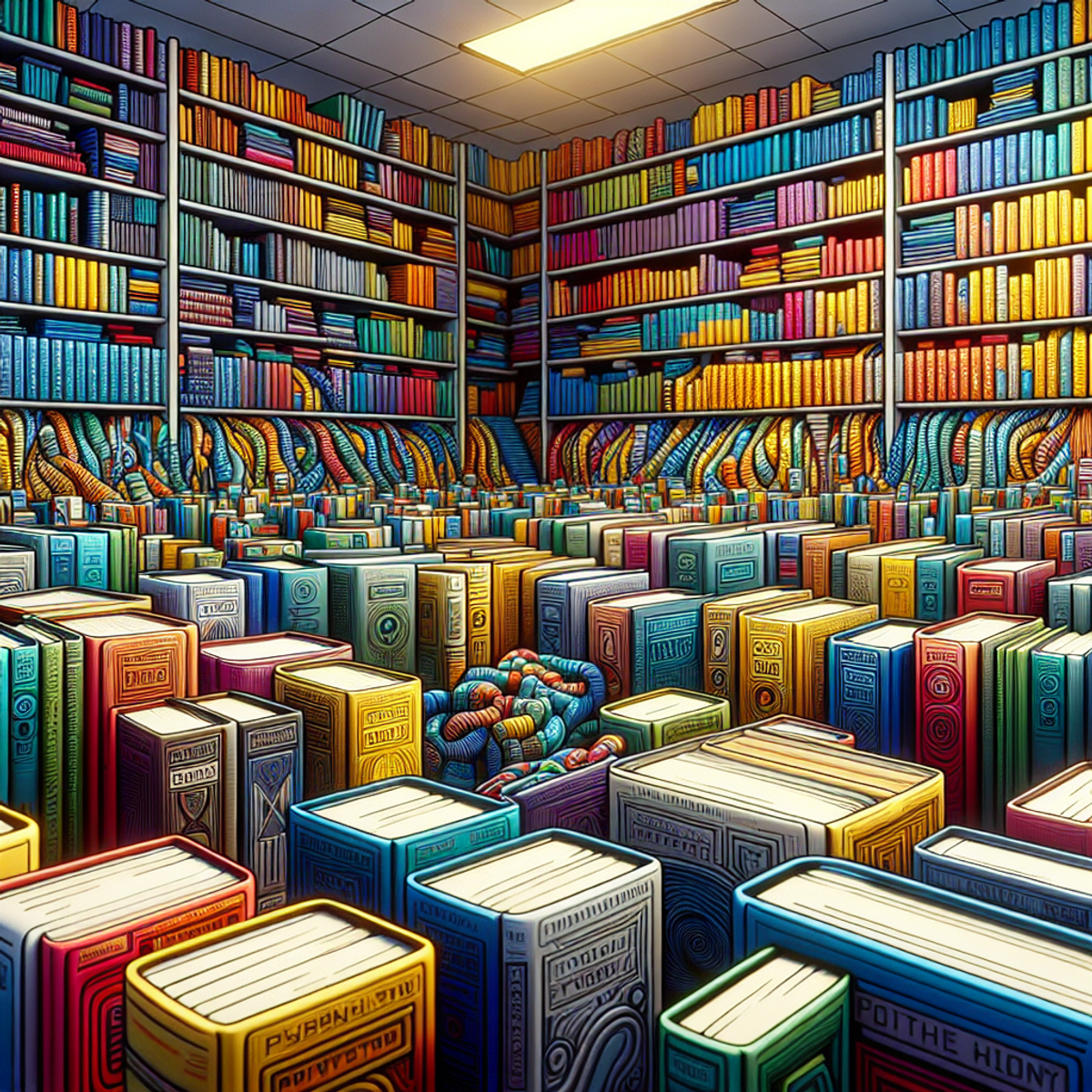 A library filled with colorful Python-themed books.