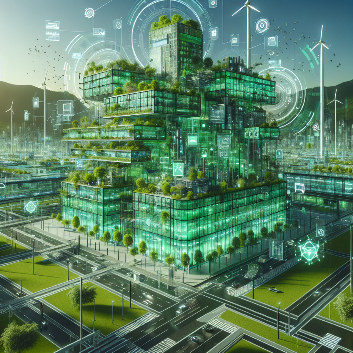 A futuristic cityscape with a vibrant green building at the center, teeming with greenery and sustainable technology.