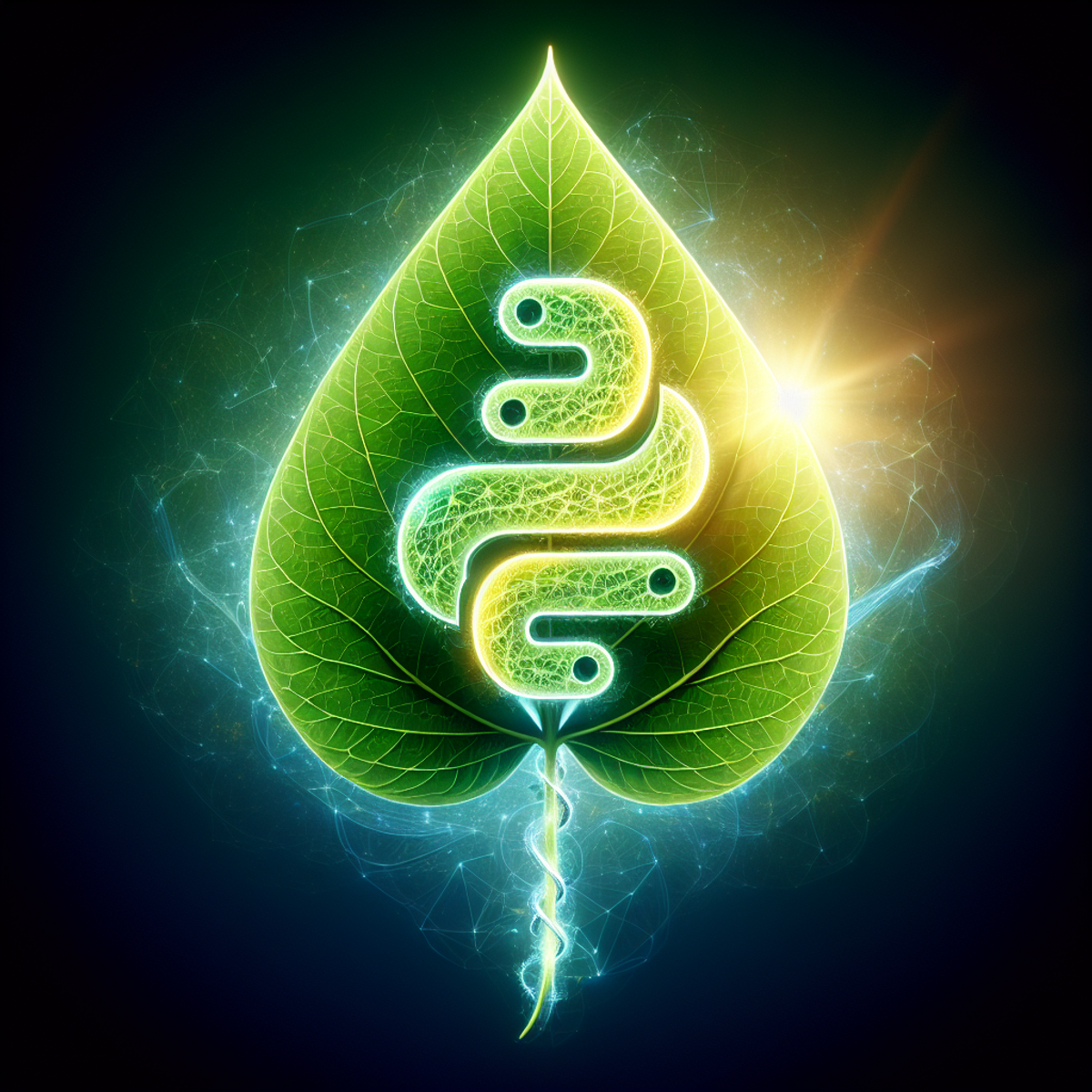 A green leaf with an abstract representation of a snake twirling within it.