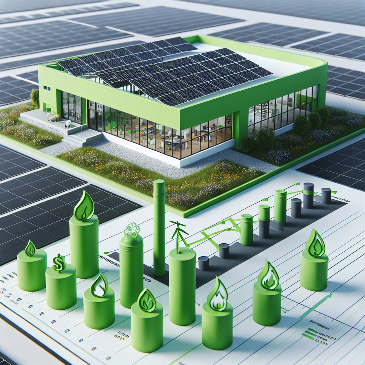 Green building with solar panels and data trends represented by icons.