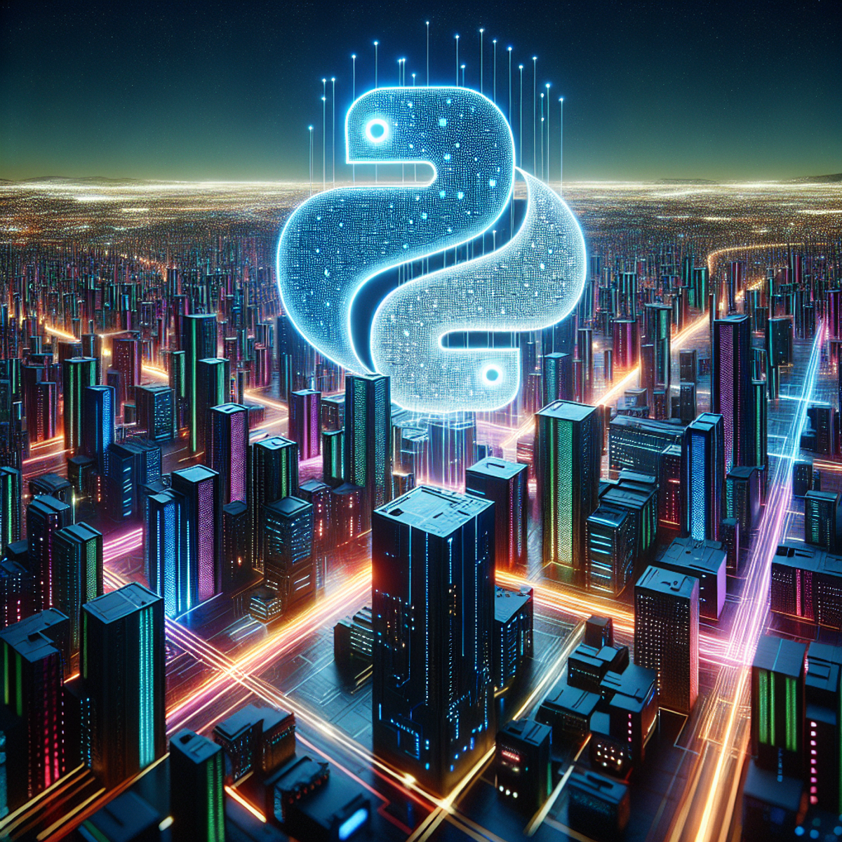 A futuristic cityscape with interconnected buildings and a prominent Python programming language logo displayed in neon lights.