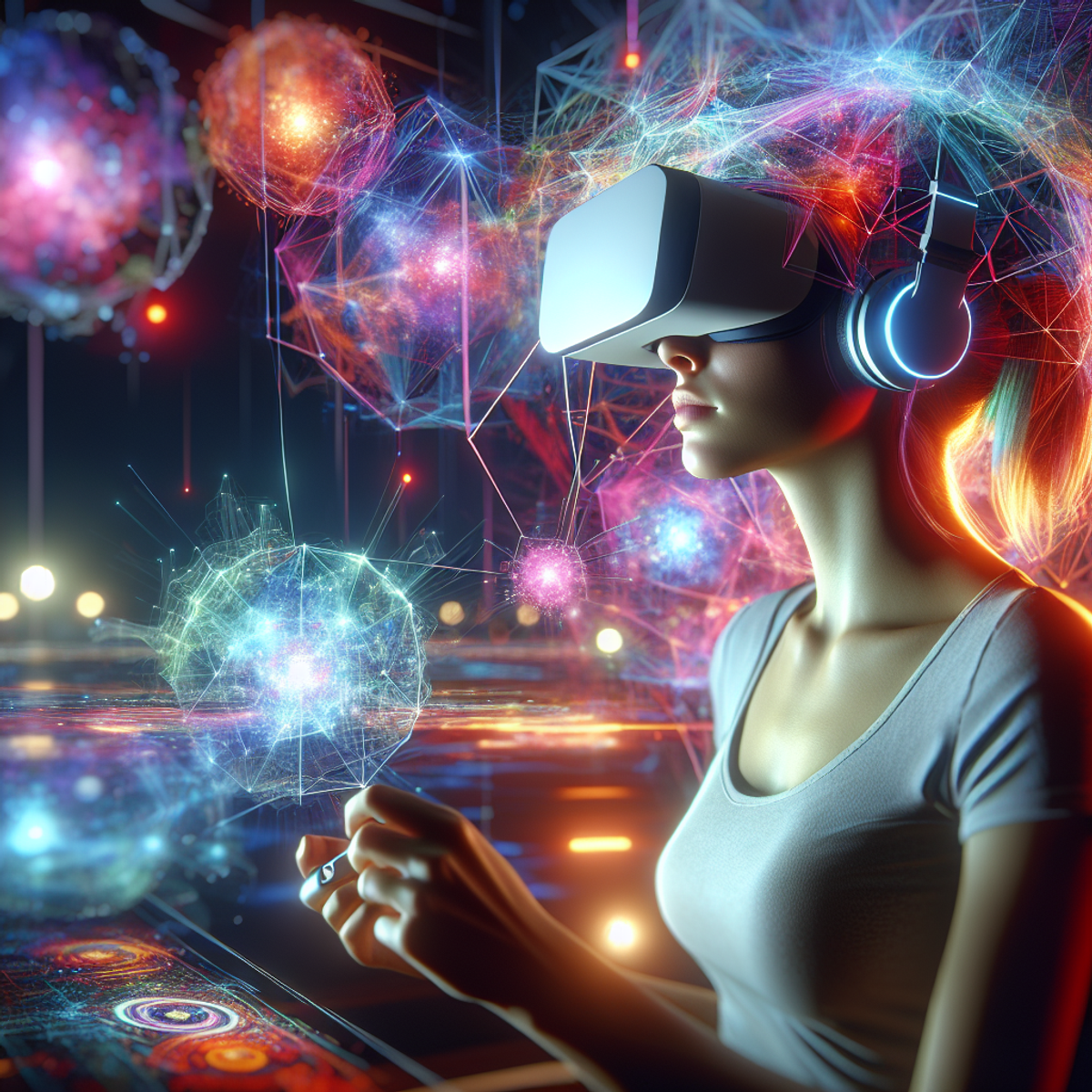 A Caucasian woman immersed in a futuristic digital world, surrounded by complex light patterns and abstract structures while wearing a virtual reality headset.
