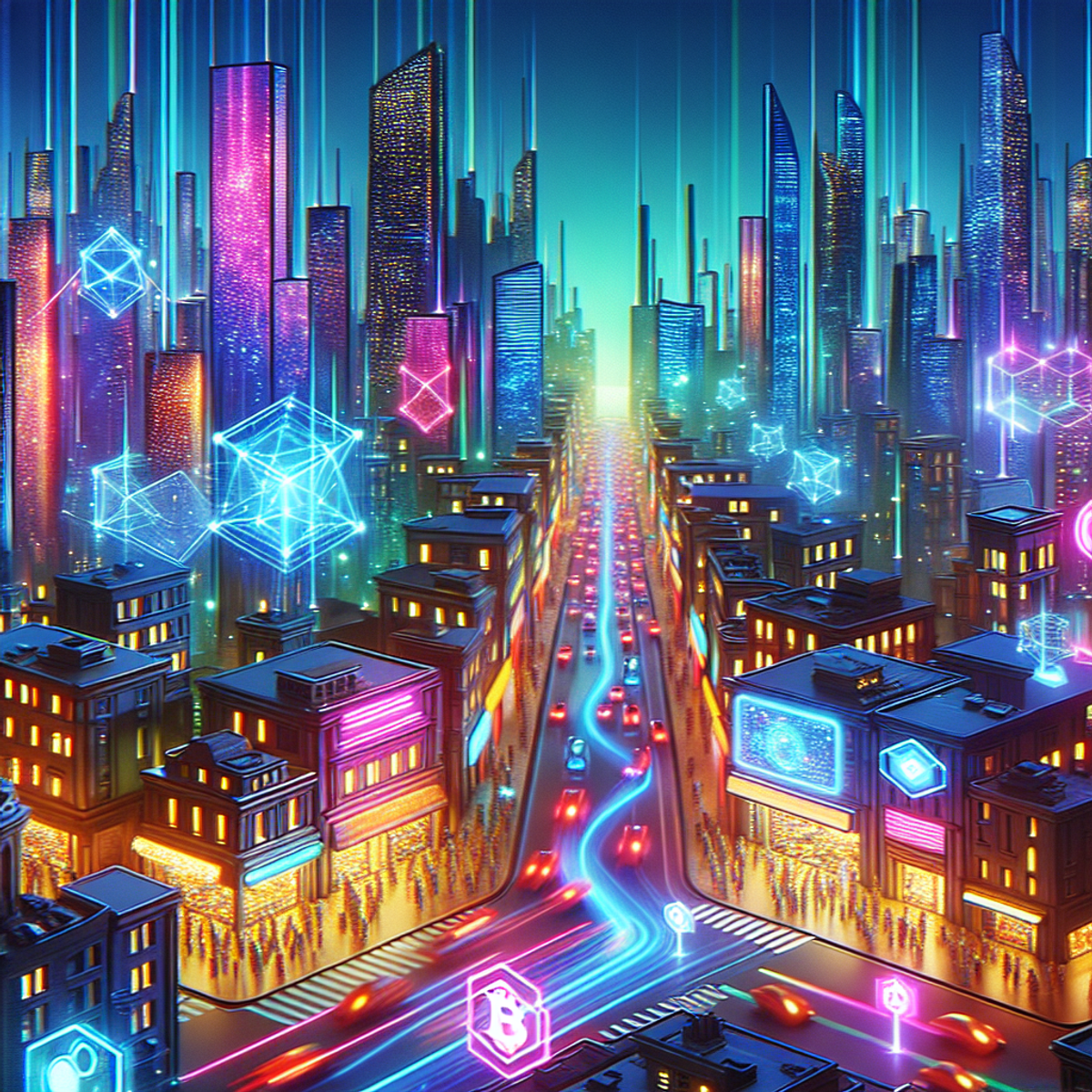 Futuristic cityscape with glowing neon skyscrapers and bustling virtual marketplace.