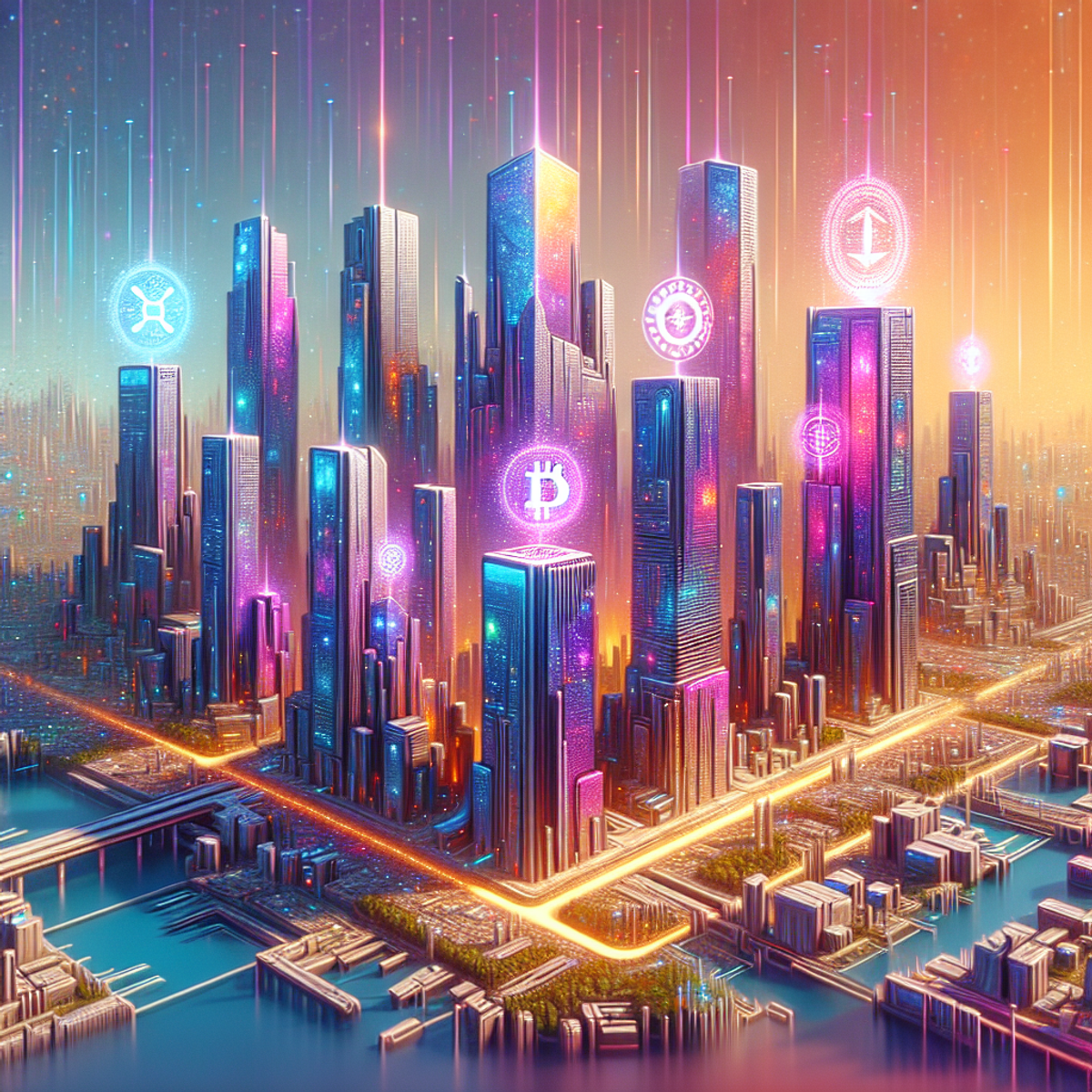 A futuristic cityscape with skyscrapers representing the top 10 virtual currencies, featuring vibrant colors, intricate architectural details, and surreal elements.