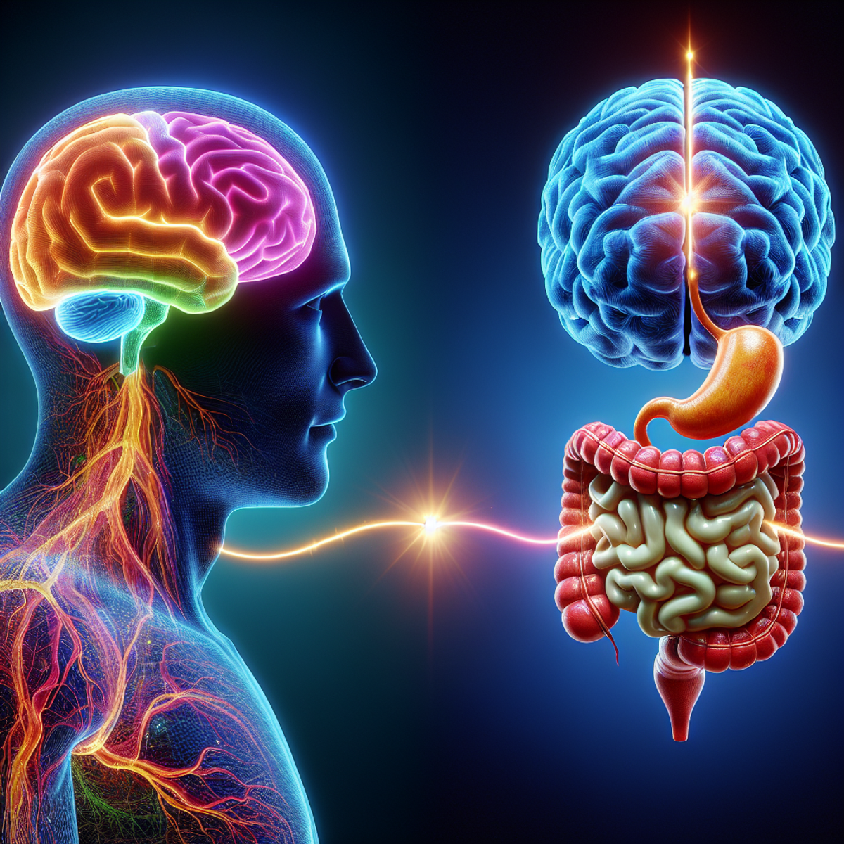 An image showing a vivid, brightly colored human brain and a normal, healthy human gut connected with a symbolic line to represent the mind and body correlation.