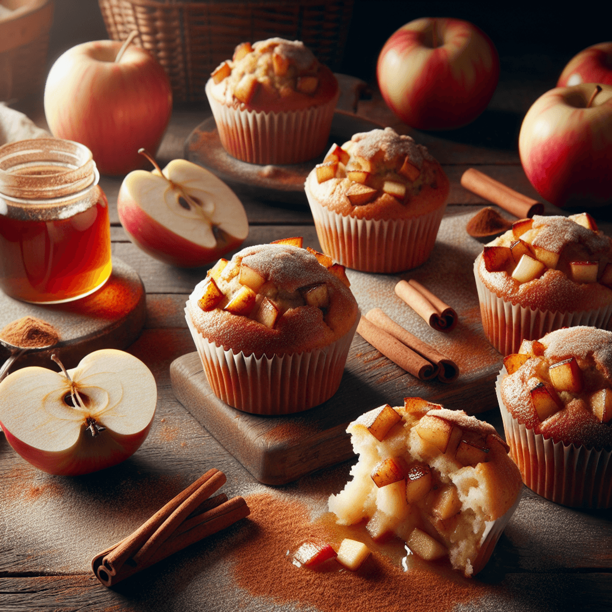 A rustic wooden table displays hot apple cinnamon muffins, some torn open to reveal their fluffy interiors and visible chunks of juicy apples. Ripe whole apples are scattered around, with a light dusting of ground cinnamon on the surface. A petite jar filled with viscous honey or maple syrup sits nearby, all bathed in gentle natural light that enhances the cozy kitchen ambiance.