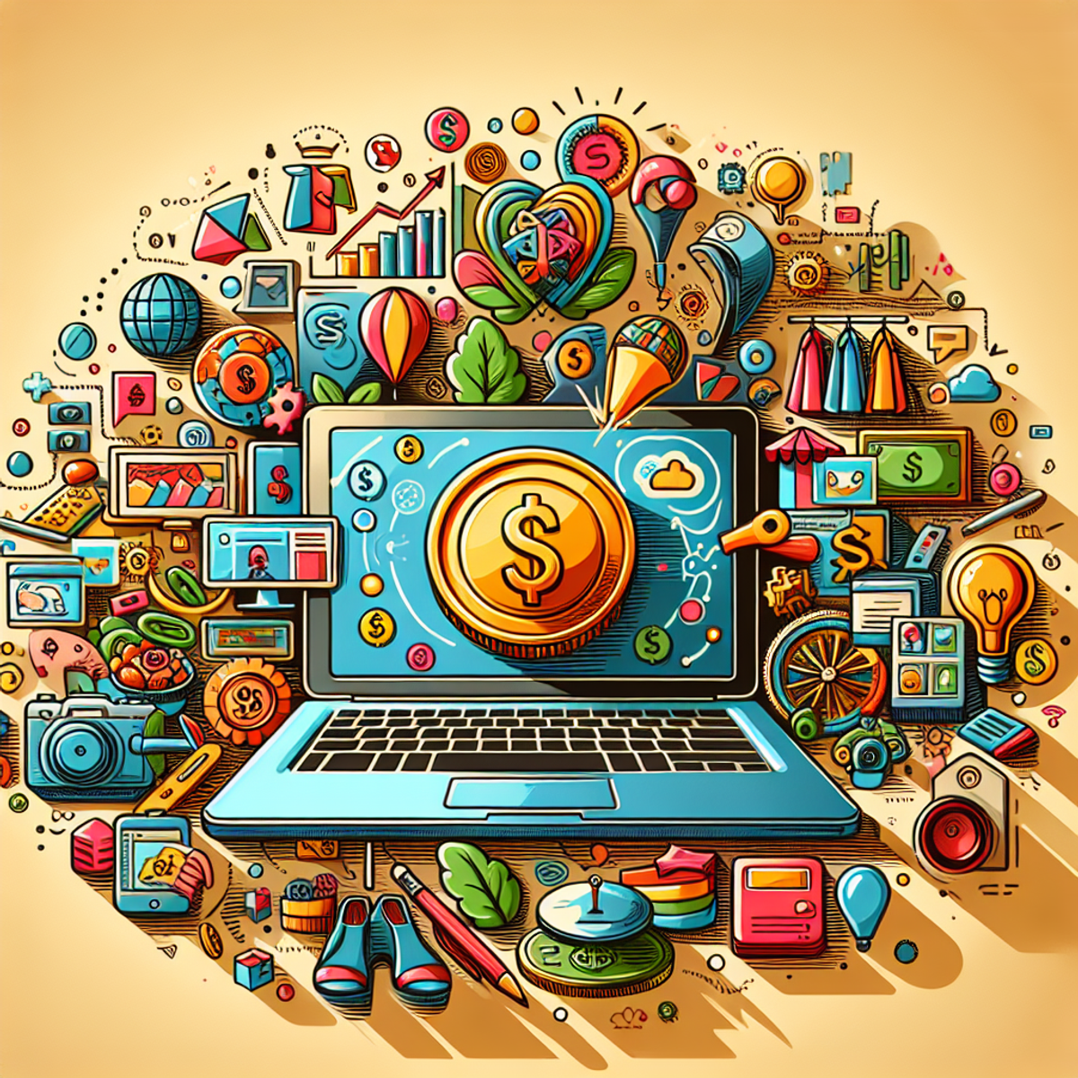 A laptop on a desk with virtual coin on the display surrounded by dynamic, colorful icons symbolizing various blogging themes such as travel, food, fashion, and technology.
