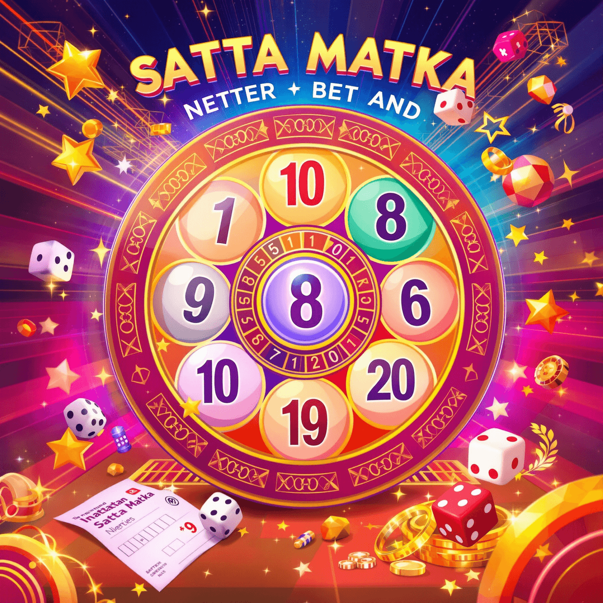 A colorful number board featuring numbers 0 to 9, with dice and a betting slip, set against a dynamic background infused with traditional motifs, conveying excitement.