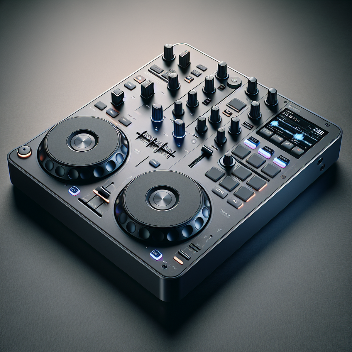 A modern DJ controller finished in sleek graphite color with jog cutter, sample scratch, full-size jog wheels, and track position display.