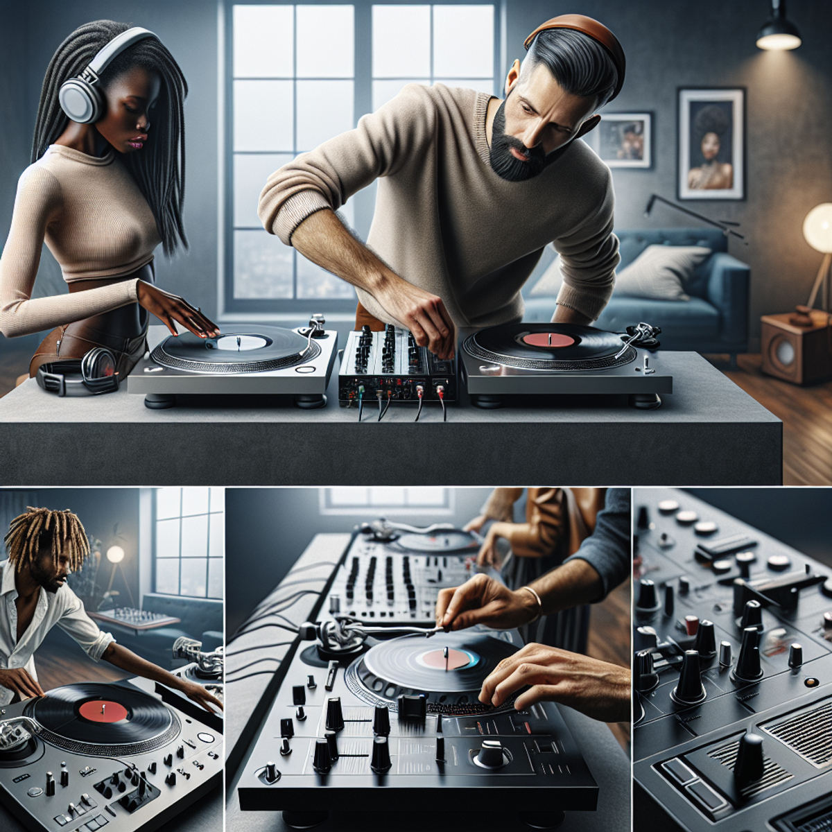 Two DJs in a modern home studio with DJ equipment.