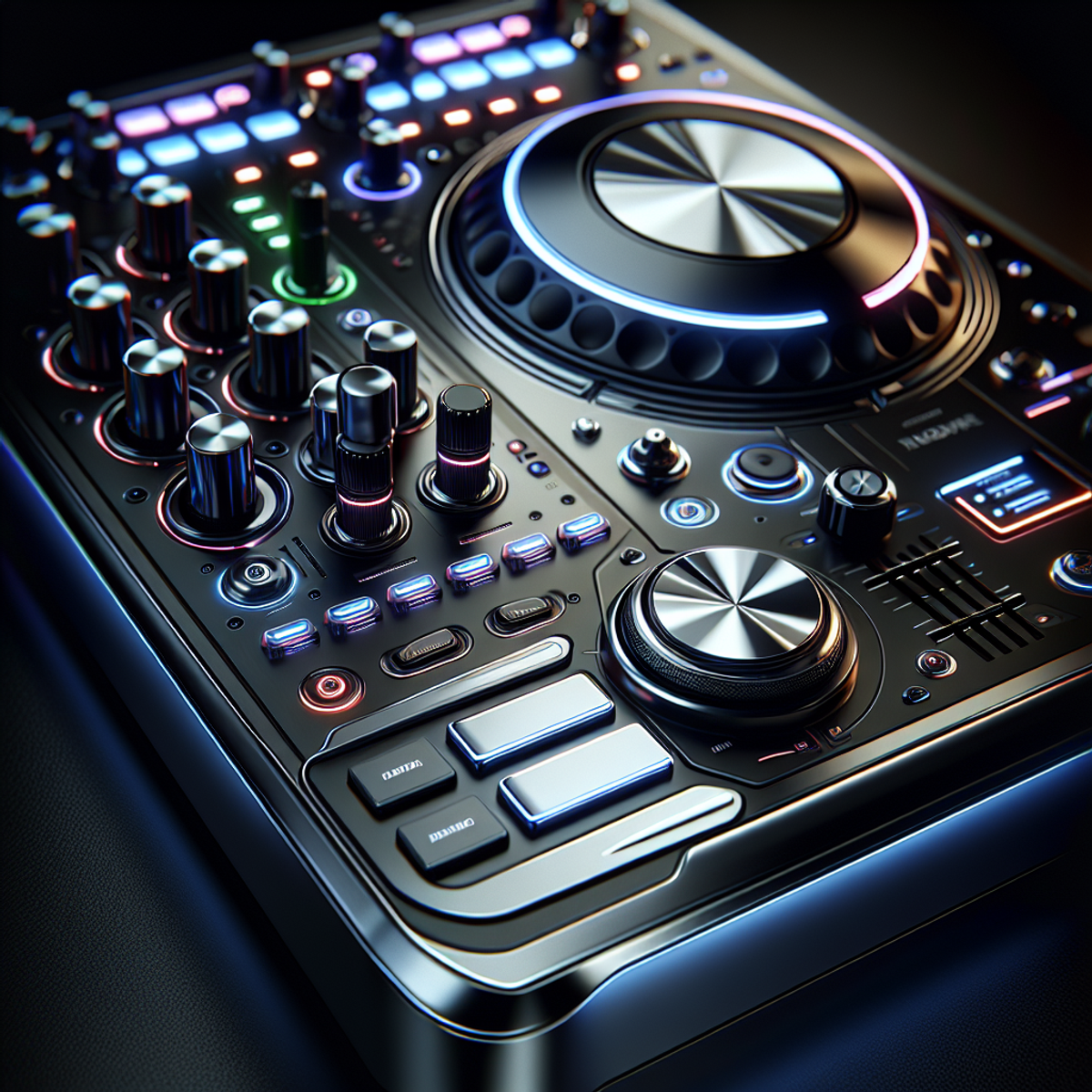 A modern DJ controller with Bluetooth capability, sleek design, and colorful LED lights.