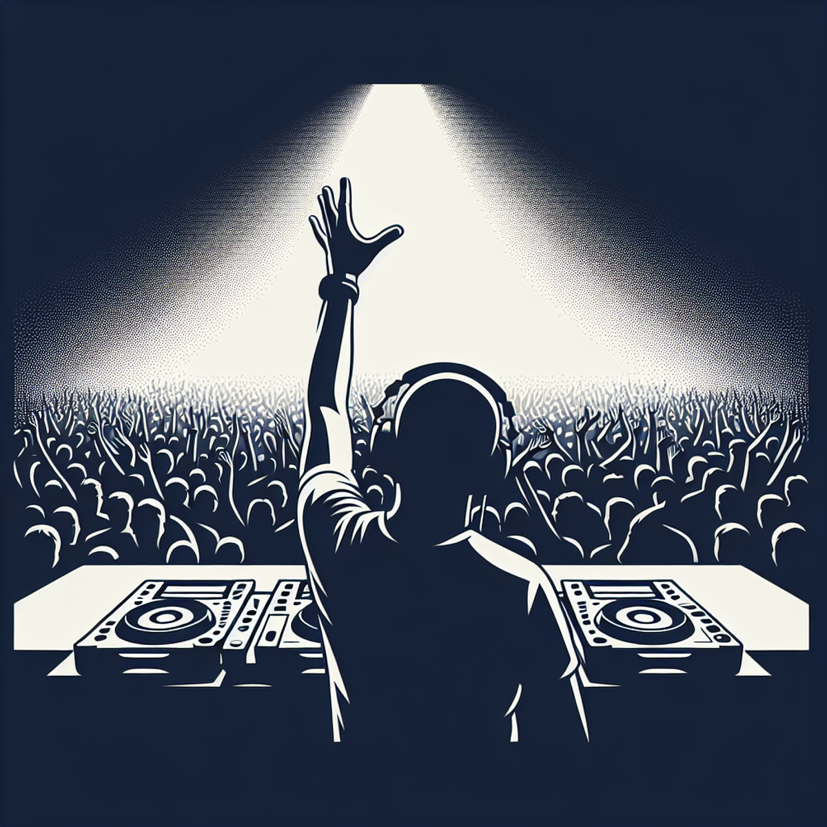 Minimalist artwork of a DJ's outstretched arm towards a crowd.