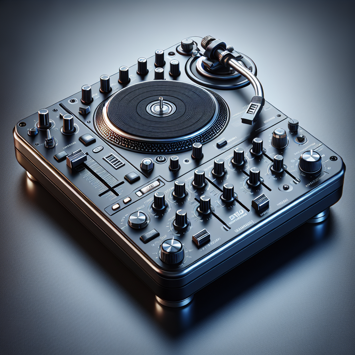 A sleek and durable DJ turntable made of metal with sturdy knobs and faders, featuring a utilitarian and clean design.