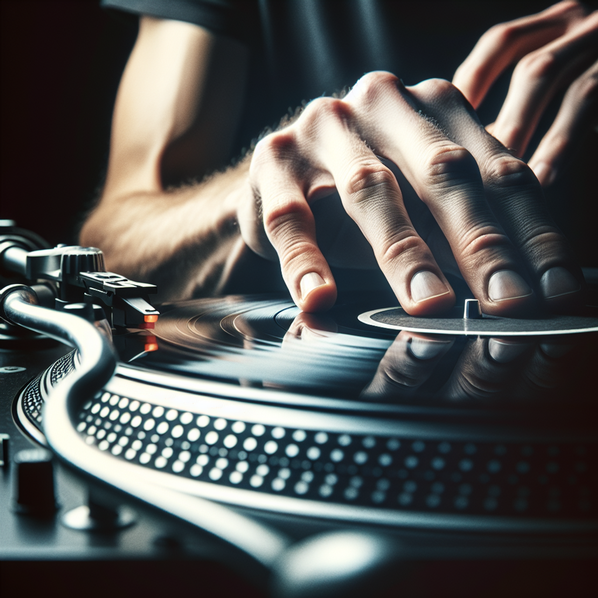 A DJ's hands placing a vinyl record onto a turntable, ready to start spinning.