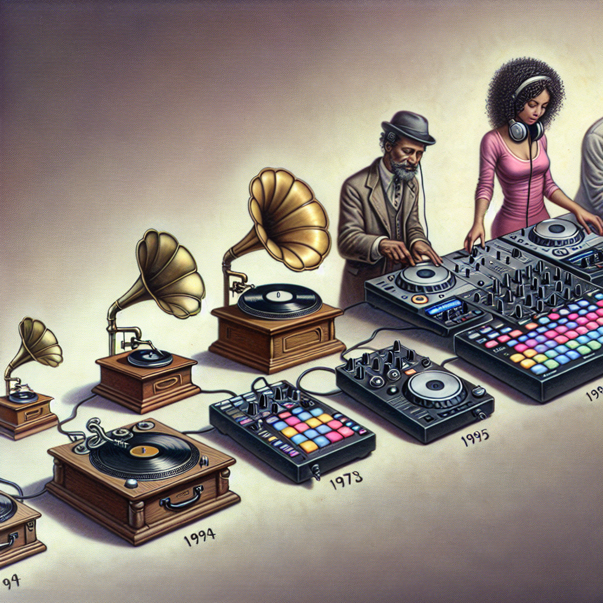 Alt text: A digital illustration showing the evolution of DJ controllers, featuring an early gramophone, a 70s vinyl turntable setup, and a modern-day DJ controller with jog wheels, faders, and pads. A Hispanic female DJ is interacting with the modern controller, emphasizing the immersion and intimacy in the creation of digital music.