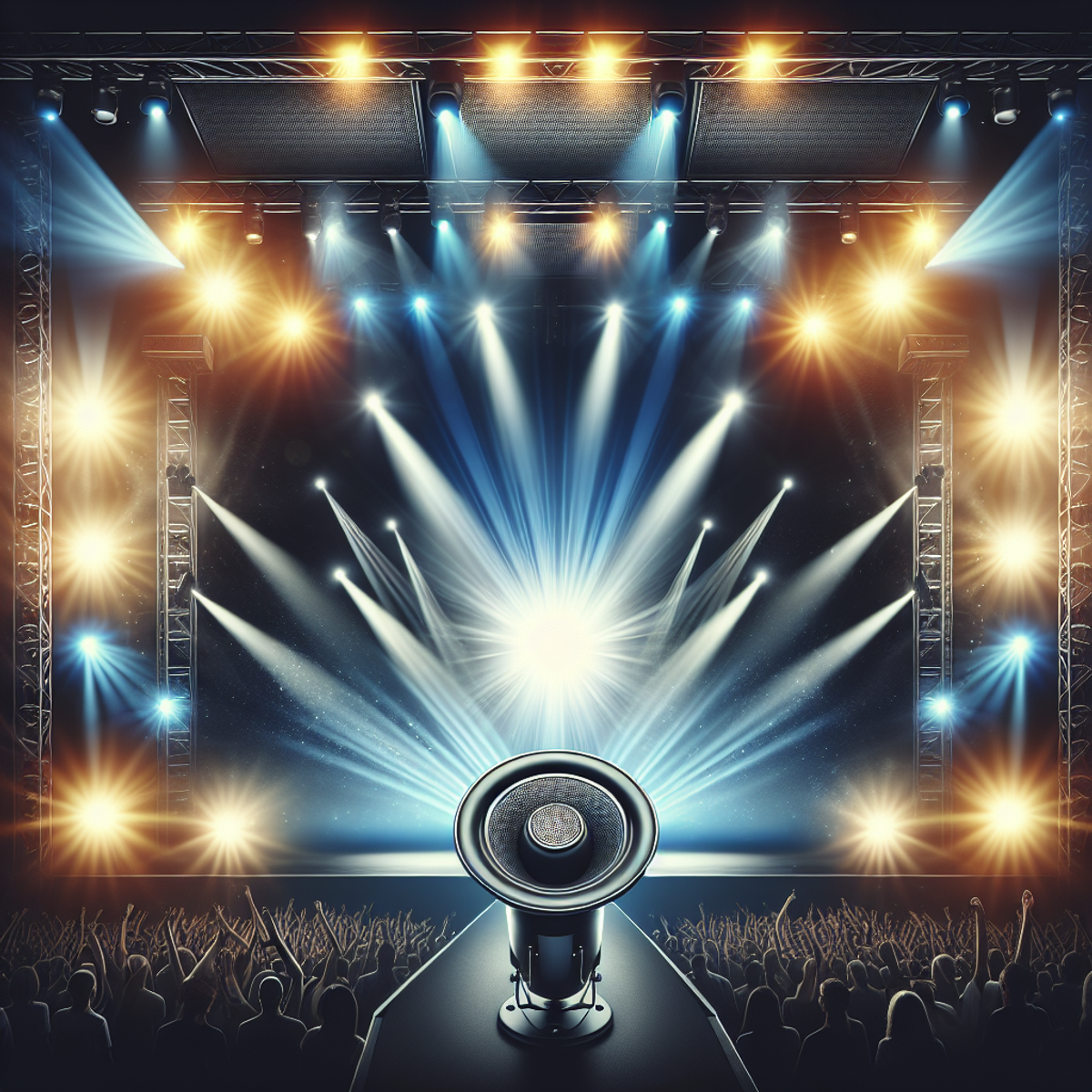 Concert stage with professional PA speaker and vibrant stage lights.