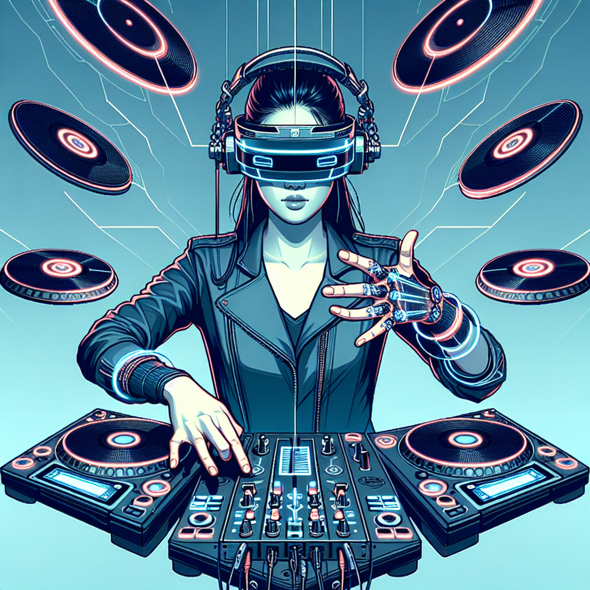 A female Asian DJ wearing a futuristic headset, surrounded by virtual turntables and faders in mid-air, mixing music with dynamic hand gestures.