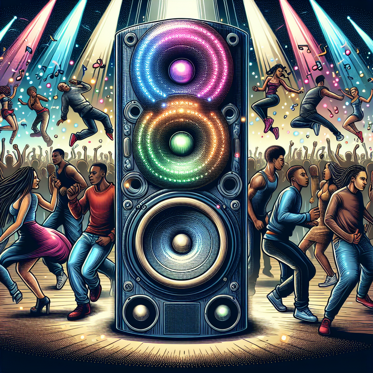 A diverse group of people dancing around a vibrant party speaker with multicolored lights.