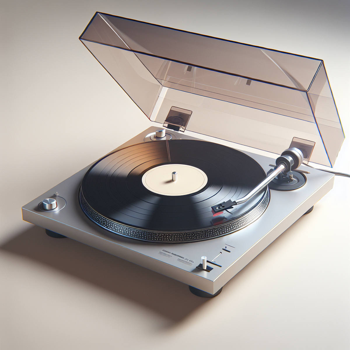 A modern turntable with a clear acrylic platter and stylus resting on a vinyl record.