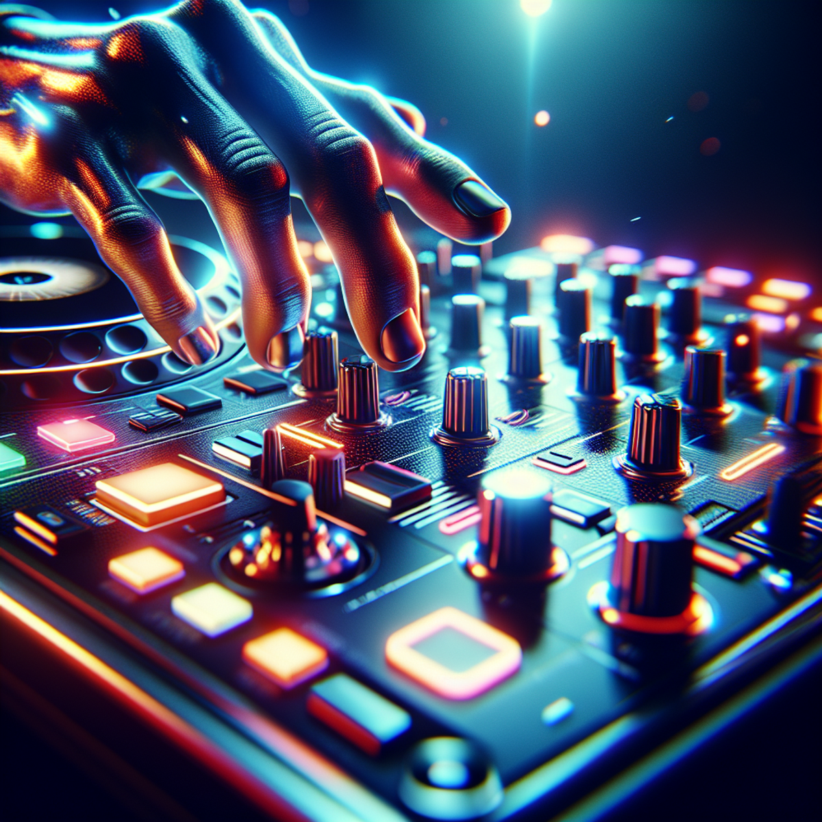 Alt text: A DJ controller with vibrant, pulsating lights being used by a pair of hands at a live music performance.