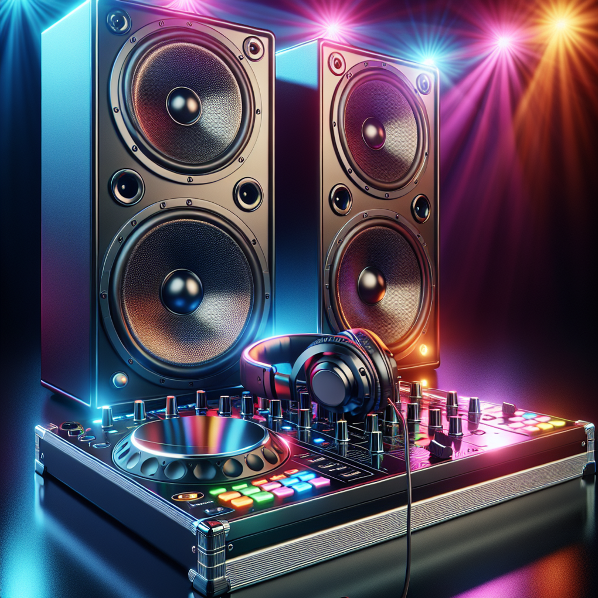 A professional DJ setup with high-end speakers, a modern mixing console, and colorful stage lights reflecting on the glossy surfaces.