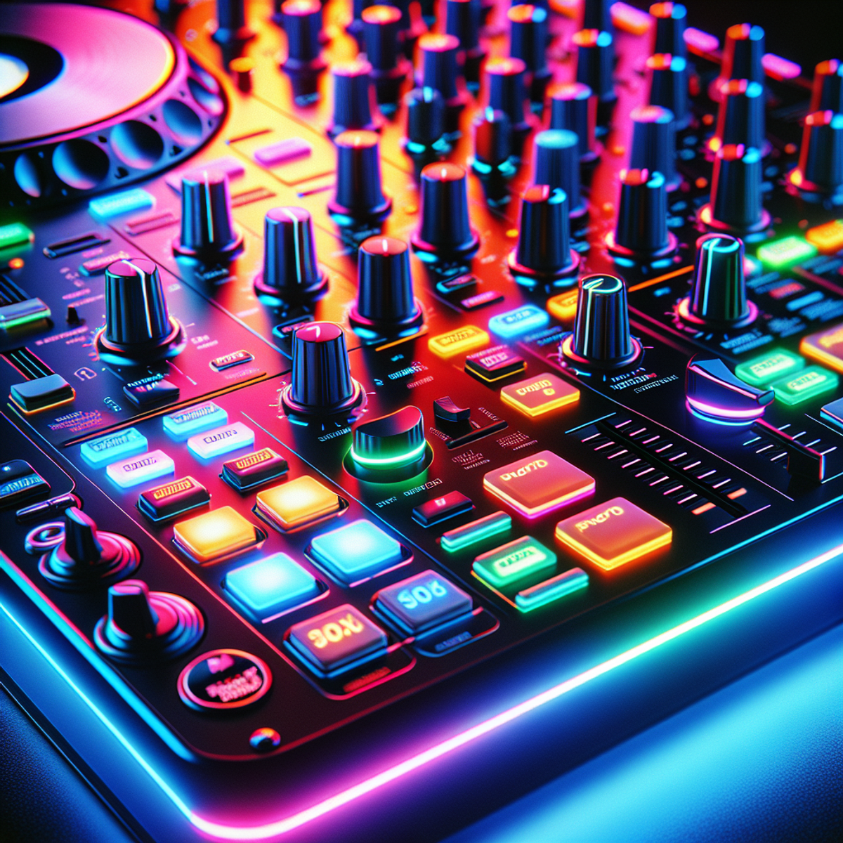 A Pioneer DJ controller under vibrant neon lights.