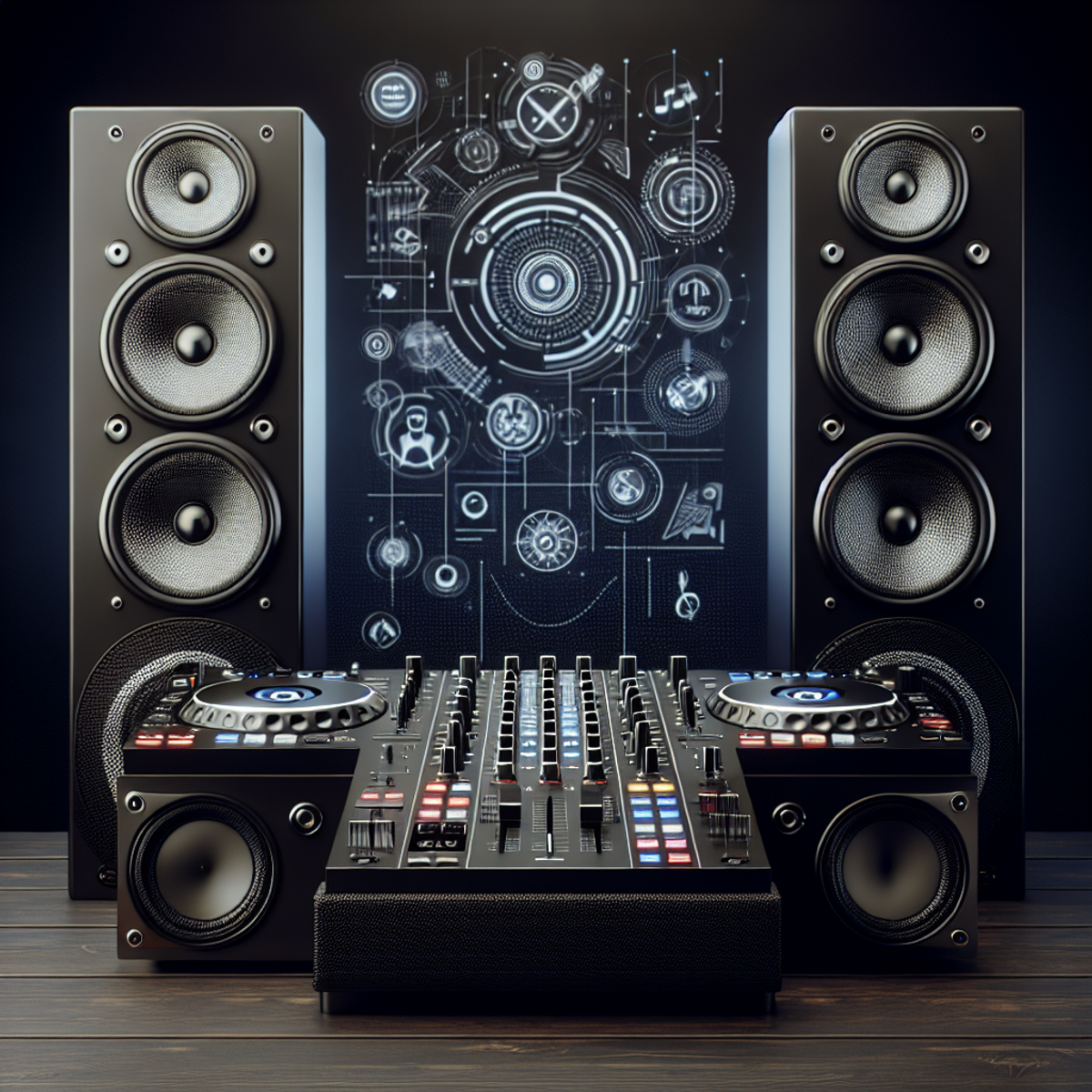 A sleek and modern DJ setup with top-of-the-line speakers, a mixer, and various other audio equipment, set in the context of a professional event.