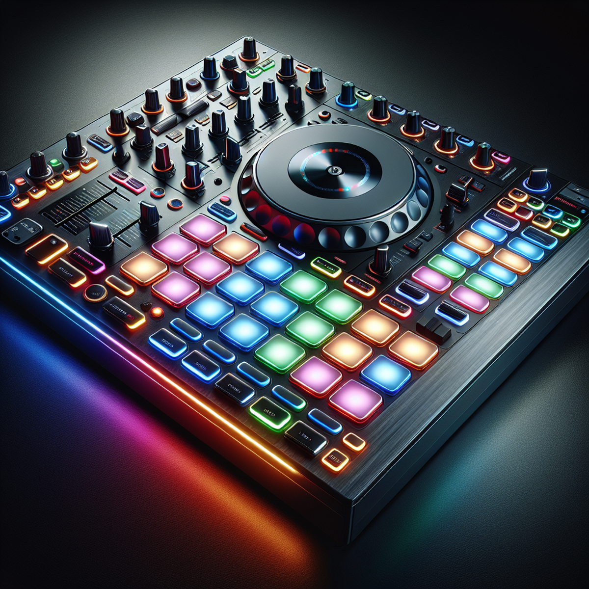 A modern, sleek DJ controller with vibrant backlit performance pads arranged in a grid, featuring multiple channels, faders, and rotary knobs.