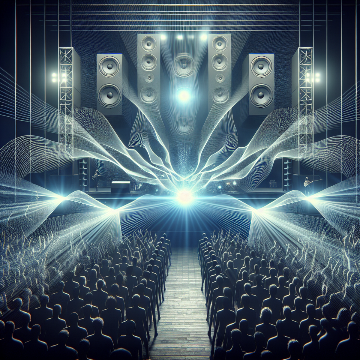 A line array speaker system projecting sound waves over a diverse and enthusiastic crowd at a live concert.