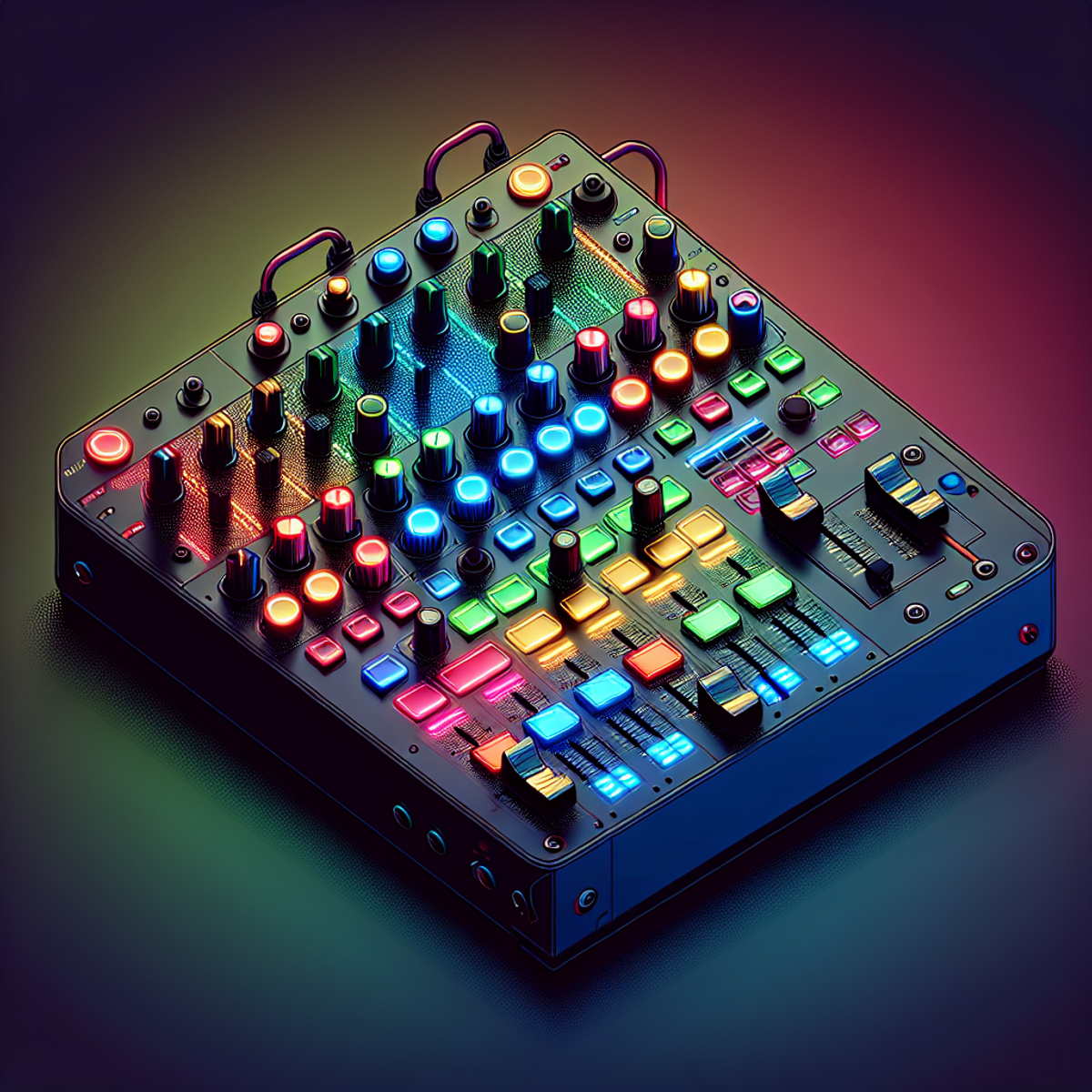 A minimalist DJ mixer with colorful backlit cue point buttons emitting brilliant hues of red, blue, green, and yellow.