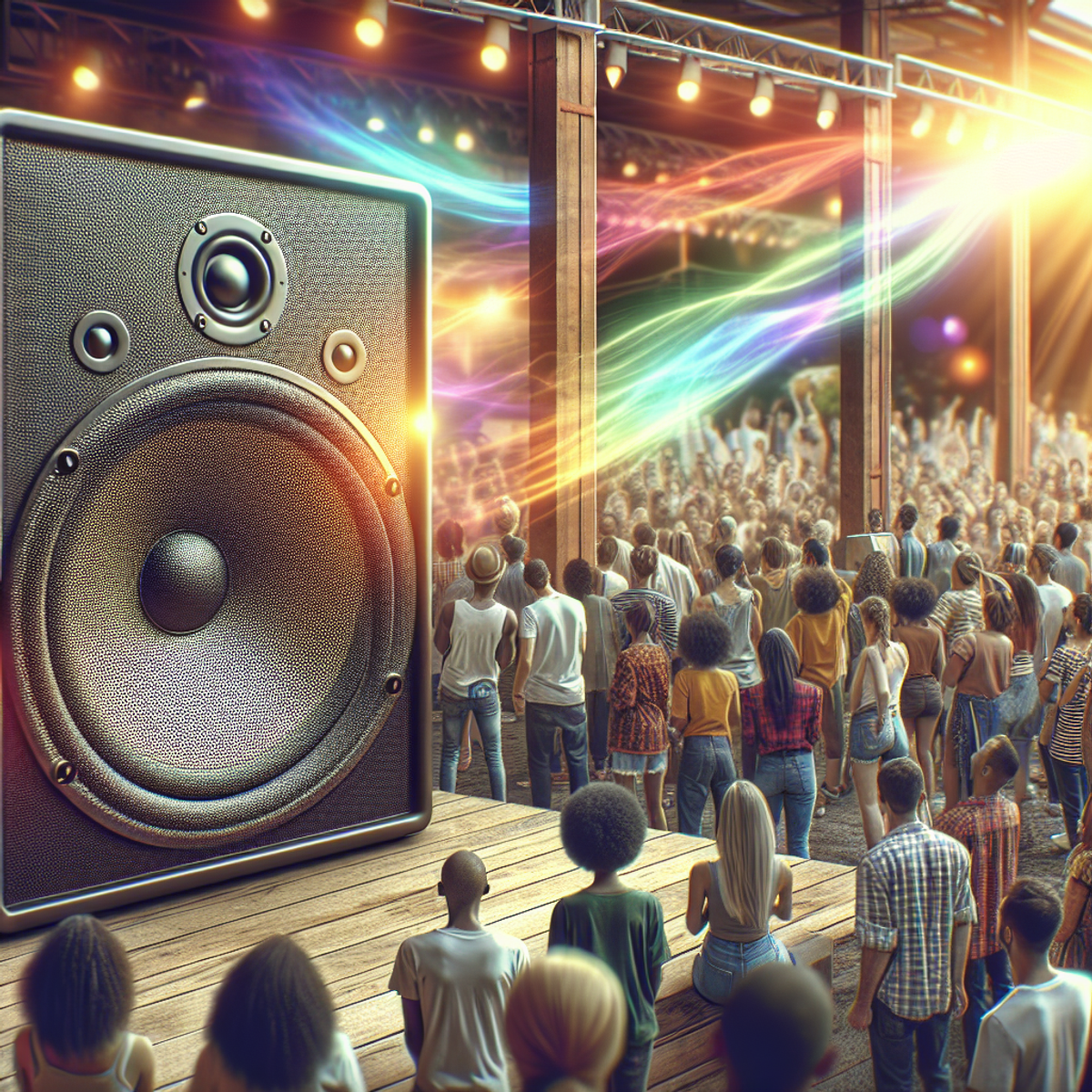 A compact PA speaker set up in a lively outdoor setting with a diverse crowd enjoying the powerful, immersive sounds.