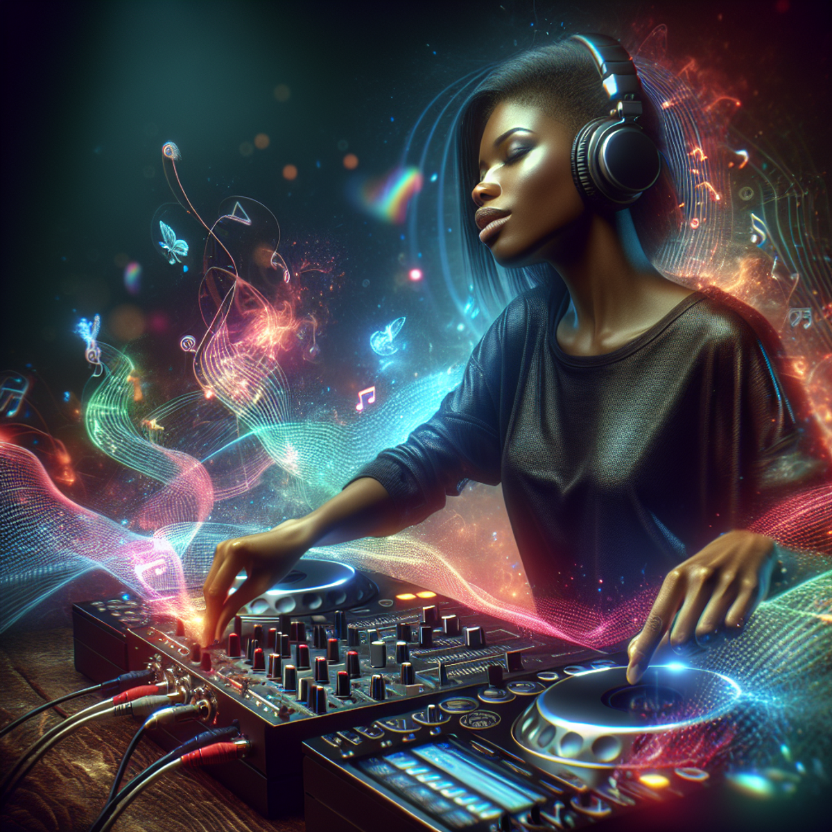 A Black, female DJ passionately engaging with her mixing deck and headphones, surrounded by vibrant digital effects that take on the appearance of colorful musical notes.