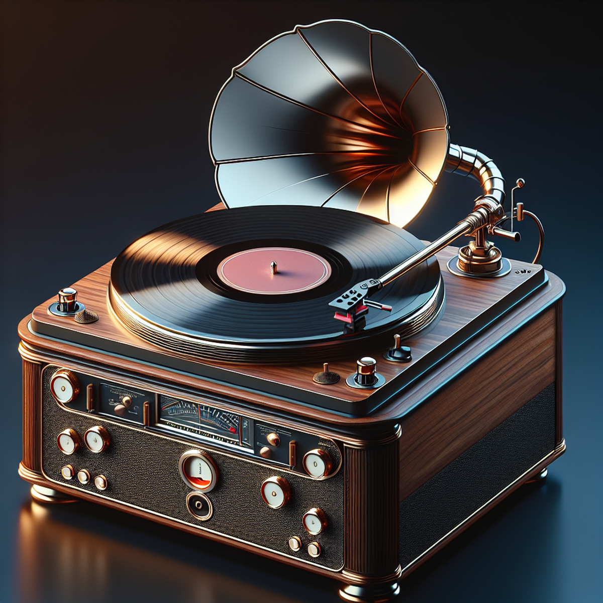 A modern turntable with vintage charm, featuring a gramophone-like spinning arm, wooden finish, and intricate detailing alongside sleek, minimalistic controls and a lustrous sheen.