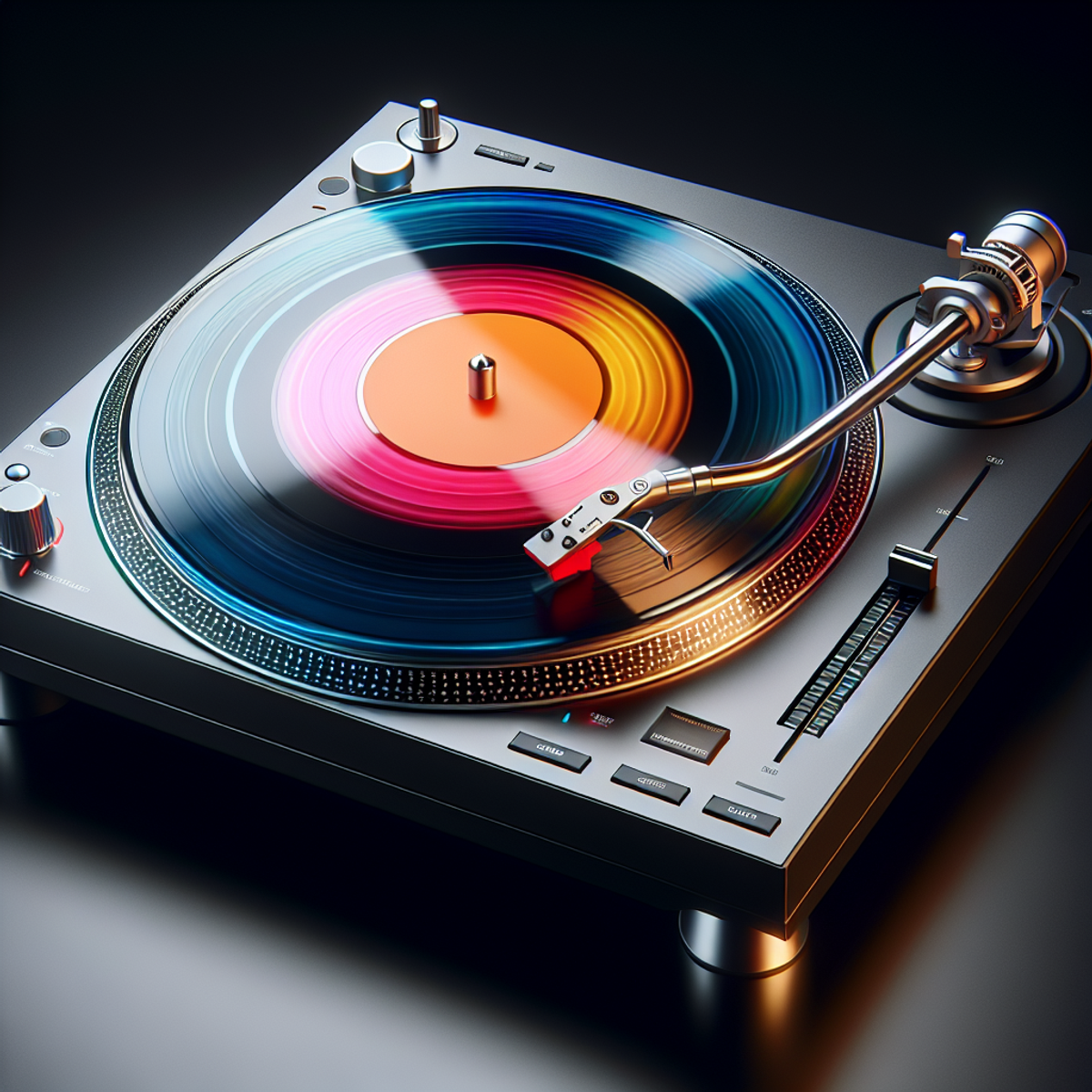 Close-up of a modern DJ turntable with a brightly colored vinyl record spinning on it, showcasing sleek and cutting-edge design.