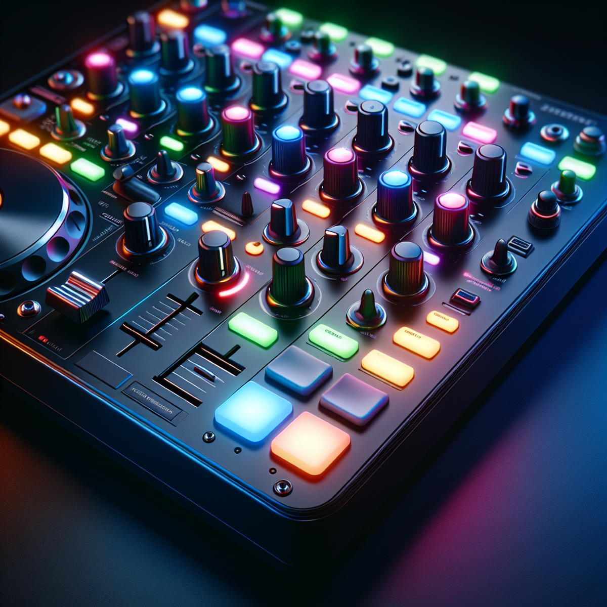 A DJ controller with vibrant, colorful lights and various knobs for intricate control.