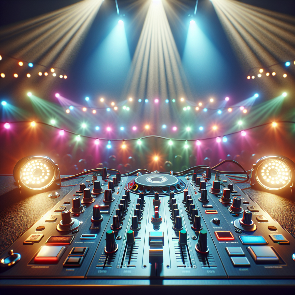 A DJ deck with knobs, sliders, and turntables in a dimly lit room with vibrant colorful lights.