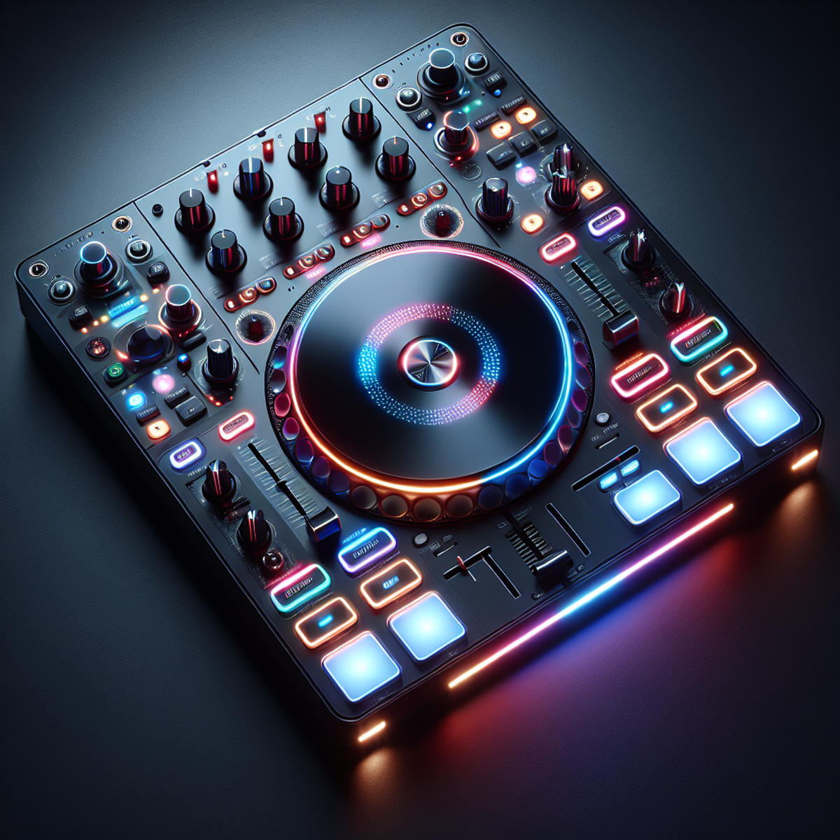 A sleek and modern DJ controller with vibrant lights.